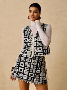 Travachic Plus Size Women's Black & White Retro Pattern 2 Pieces Set,Knitted Jacquard Vest Top & Wrap Skort,Boho Elegant Summer Holiday Vacation Outfits,Plaid - Black and White - View 6