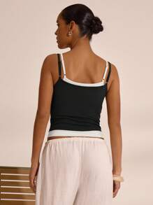 MUSERA 双层吊带方领吊带背心，度假波西米亚风，伊比沙岛风，优雅可爱，适合秋季、假日、派对、春夏穿着。 - 黑色 - 查看 4