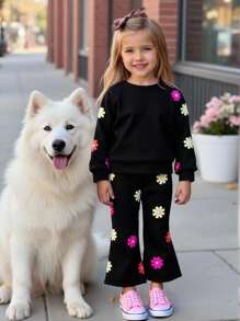Emery Rose Kids Emery Rose Kids 女宝宝宽松休闲舒适圆领长袖花卉印花卫衣和裤子套装 - 黑色 - 查看 11