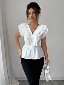 Elenzga 女式夏季优雅V领双荷叶边下摆收腰衬衫
