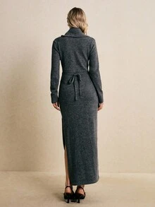 Poéselle 女式纯色长袖侧开衩时尚针织连衣裙 - 灰色 - 查看 4