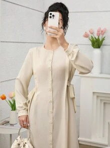 Al Najma 春夏休闲纯色灯笼袖前扣阿拉伯长裙，全长端庄优雅，适合日常休闲/工作/度假/晚会/婚礼宾客 - 杏色 - 查看 3
