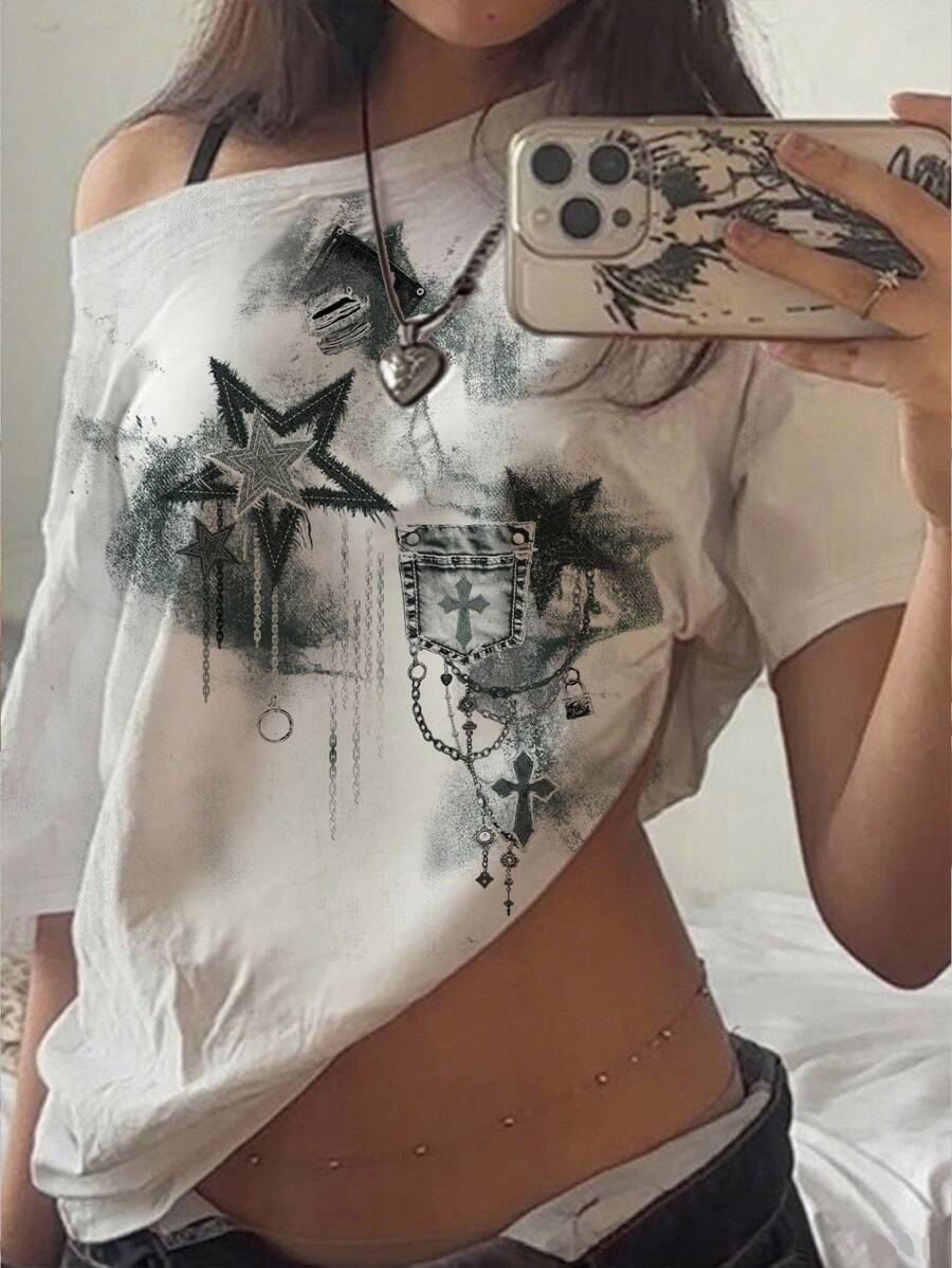 SHEIN EZwear 女士休闲简约全身印花露肩宽松短袖T恤 - 彩色 - 查看 1