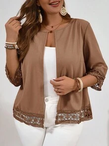 EMERY ROSE Plus Size Women Casual Loose Thin Jacket With Open Front And 3/4 Sleeves,Fall Clothes For Women Winter Autumn - Khaki - View 1