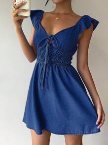 Aloruh 女士牛仔迷你连衣裙，休闲修身，蓝色 - 中等水洗藍 - 查看 1