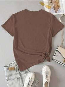 Women's Casual Frog Slogan Embroidered T-Shirt, Summer - Coffee Brown - View 2