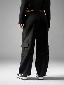 Missguided x Playboy Utility Cargo Wide Leg Pants Streetwear Fashion Drawstring Relaxed Fit Y2K Aesthetic Cuffed Trousers Winter Fall Everyday Essential - Black - View 2