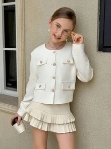 SHEIN Tween Girl Short Round Neck Long Sleeve White Jacket, Suitable For Daily Commute Fall Winter