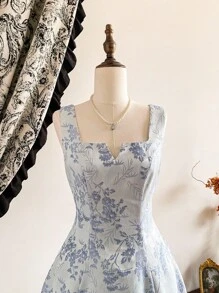 Vintamour 复古经典优雅女装，春夏修身提花连衣裙，无袖直筒连衣裙，短裙，喇叭裙，太阳裙 - 藍色 - 查看 10