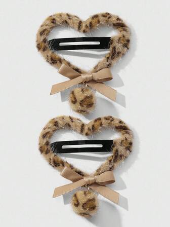 Grunge Punk 2 pezzi Set di fermagli per capelli con fiocco a palla di pelliccia, stampa leopardata a cuore, stile retrò Y2K, adatti per uso quotidiano di donne/ragazze, regalo per le vacanze