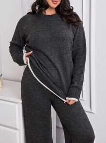 EURMUSE Minimalist Contrast-Trim Lounge Set – Soft Knit Long Sleeve Top & Wide-Leg Pants - Grey - View 5