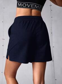 SHEIN Sports 休闲纯色抽绳腰宽松运动短裤 - 寶藍色 - 查看 3