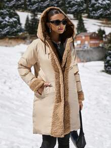 EURMUSE Double Face Teddy Bear Hooded Puffer Long Down Coat - Brown - View 3