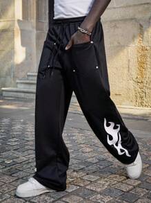 PAVTROS Quần dài thể thao dáng rộng thiết kế nhiều túi in họa tiết ngọn lửa lớn cho nam, phong cách cổ điển, thoải mái, phù hợp với mọi mùa - màu đen - Xem 5