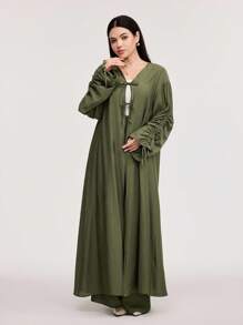 Veilorie Women's Solid Color Drawstring Long Sleeve Long Shirt And Trousers Two-Piece Set - Army Green - View 3