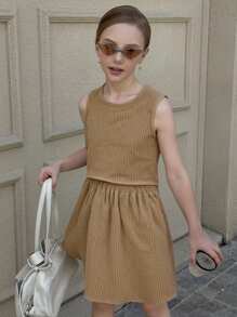 Girls Casual Top With Woven Hem And Skirt, Summer - Brown - View 1