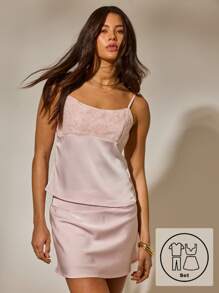 Aralina 钩编亮片细节缎面吊带背心和 A 字形迷你裙 Y2K 套装，适合派对和返校节毕业典礼 - 粉色 - 查看 9