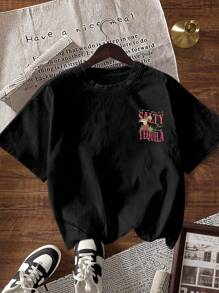 Glissea 趣味水果和字母印花圆领短袖女式T恤图案T恤女式上衣 - 黑色 - 查看 2