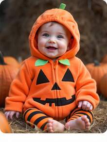 新生女宝宝可爱万圣节卡通图案橙色连帽连体衣套装，南瓜万圣节角色生日派对条纹裤拉链南瓜橙色可爱2件装条纹裤婴儿万圣节南瓜婴儿婴儿南瓜套装万圣节婴儿服装秋季 - 橘色 - 查看 2
