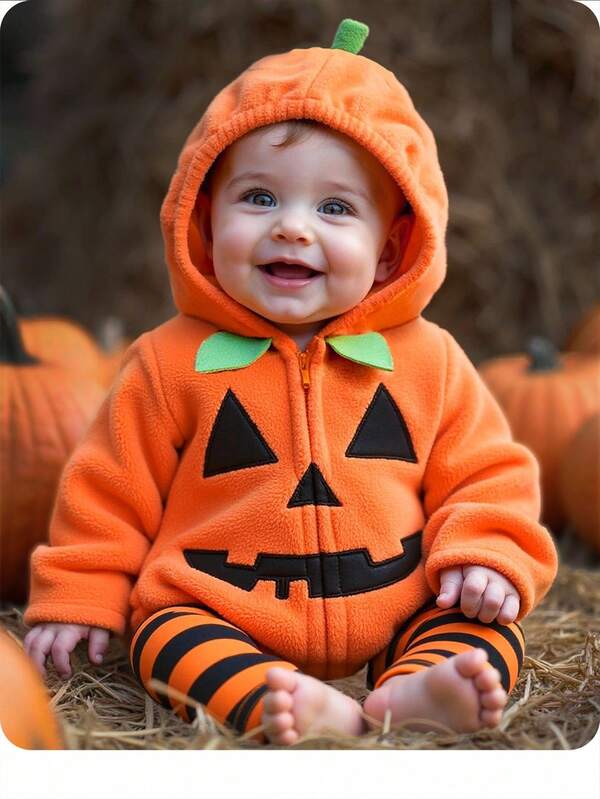 Noworodek, dziewczynka, uroczy, pomarańczowy kombinezon z kapturem w kreskówkowym wzorze na Halloween