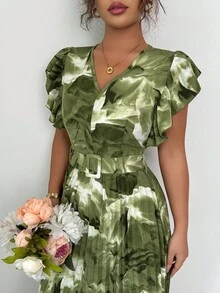 Modelyn 女式扎染花卉印花荷叶边下摆长裙女装 - 橄欖綠 - 查看 7