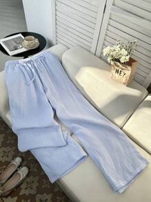 Comfortcana Quần ống rộng ống rộng màu trơn buộc eo cỡ lớn cho nữ Quần cotton thường ngày cho nữ Quần dài mặc nhà, Quần thu/đông, Quần áo mùa thu cho nữ Quần cotton 100% Quần cotton gạc cho nữ Quần cotton mùa hè - Màu xanh lam - Xem 3