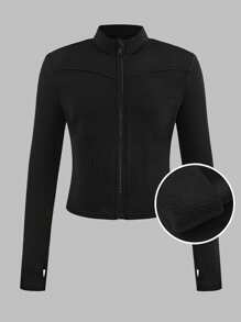 SHEIN 青少年女孩立领弹力羊毛修身紧身瑜伽夹克，适合日常穿着，休闲秋冬 - 黑色 - 查看 2