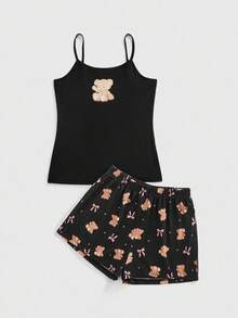 ROMWE Kawaii 可爱卡通蝴蝶结小熊吊带短裤睡衣套装 - 黑色 - 查看 1