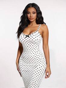 SHEIN SXY Women's Casual White Polka Dot Slip Dress, Comfortable Home Dress Polka Dot Dress White Polka Dot Dress Long Polka Dot Dress Summer Dress Bodycon Dress - Multicolor - View 4