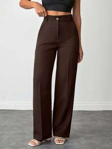 EURMUSE Women Solid Color Slant Pocket Wide Leg Pants - Brown - View 3