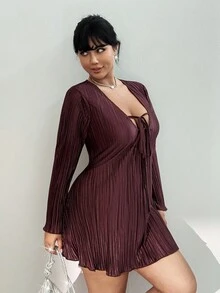 Viva Relle 大码女式纯色深V领系带长袖性感超长连衣裙 - 棕色 - 查看 5