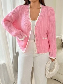 Vionelle Gestrickter Damen Cardigan in Große Größen, süßer und jugendlicher sanfter Stil, minimalistisch, Lässig und vielseitig für den Alltag, Herbst/Winter - Pink - Übersicht 4