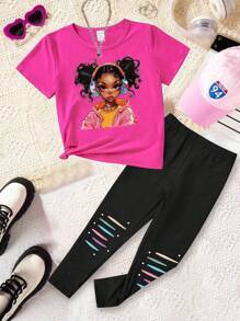 SHEIN Setelan 2 Potong Sweatshirt dan Legging Grafis Warna-warni untuk Anak Perempuan, Kaos Lengan Pendek Model Bahu Longgar Warna Pink Muda, Musim Panas, Sekolah - MultiWarna - View 3