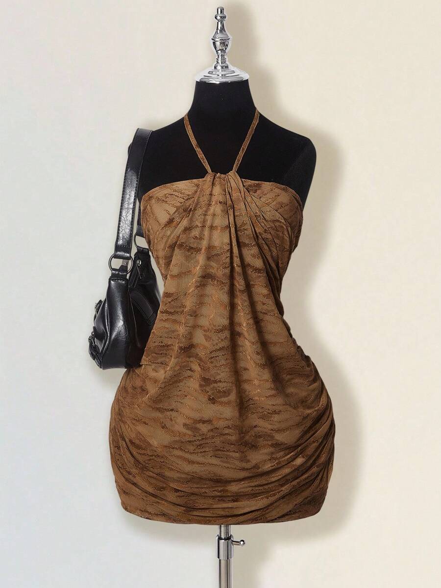 SHEIN ICON Summer Vintage Wild Street Tiger Print Halter Bodycon Backless Vacation Style Ruched Waist Layered Mini Dress - Multicolor - View 1