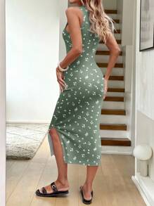 SHEIN LUNE 女士休闲花卉图案圆领修身中长连衣裙，适合夏季，女士休闲连衣裙，时尚连衣裙，女士秋季服装，女士度假连衣裙 - 綠色 - 查看 2