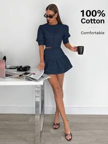 Conjunto de dos piezas para uso diario para mujeres, ropa de verano para mujeres, conjuntos de mujeres de 2 piezas, camisas de verano 100% algodón, color amarillo mantequilla, atuendos de vacaciones para mujeres, vestidos de graduación para mujeres - Azul marino - Ver 3