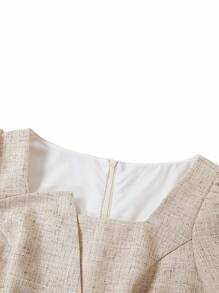 SHEIN Ellevyn 女士方领不对称下摆亚麻质感长袖上衣和直筒裤两件套，收腰显瘦，优雅休闲，适合春夏秋季穿着。 - 卡其色 - 查看 7