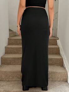 SHEIN 优雅孕妇高腰半身裙，纯色 - 黑色 - 查看 2
