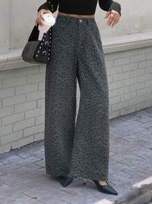 Livesso Quần jeans ống rộng cạp cao họa tiết da báo cho nữ - Màu xanh lam - Xem 5