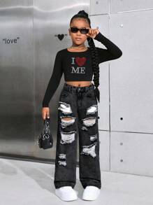 SHEIN Tween Girls Y2K 时尚石洗街头风格宽松破洞直筒牛仔裤，女孩秋装套装 - 黑色 - 查看 4