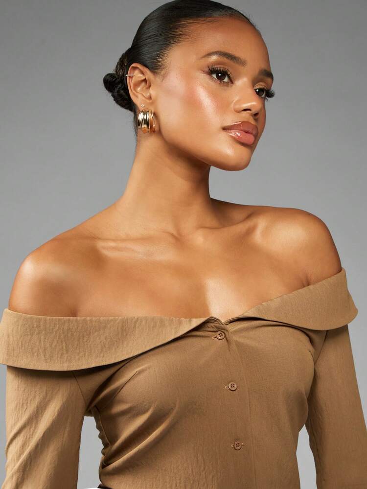 MISSGUIDED Bluzka z odkrytymi ramionami i guzikami z przodu, długi rękaw, dopasowana, jesienno-zimowa, elegancka, biznesowa, codzienna, biurowa, z kołnierzykiem, profesjonalna bluzka