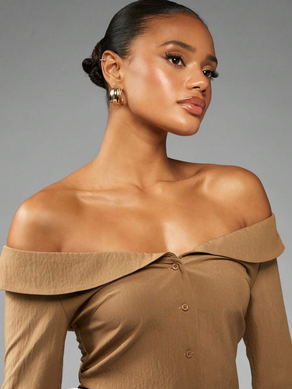 MISSGUIDED Off Shoulder Button Front Blouse Long Sleeve Fitted Autumn Winter Elegant Business Casual Office Wear Collared Professional Top