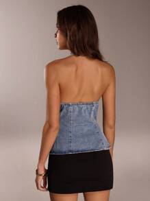 SHEIN Forever 21 女士时尚性感露背系腰牛仔衬衫 - 淺藍色 - 查看 2