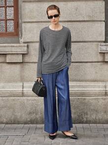 Lumivelle Damen Lässiges, locker sitzendes Tencel-T-Shirt mit Schulterausschnitt und Streifen in Weiß, lässige Outfits für Frühling, Kleidung für Universität, Herbstkleidung für Frauen - Schwarz und Weiss - Übersicht 3