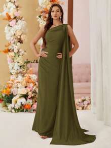 SHEIN Belle Chiffon Bridesmaid Dress With Asymmetric Shoulder And Draped Detailing (Adult) - Army Green - View 6