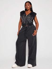 SHEIN SXY Plus Size Women's Spring&Summer Daily Basic 95% Cotton Solid Plus Size Washed Distressed Elastic Waistband Drawstring Loose Wide-Leg Sweatpants,Suitable For Everyday Wear, Country Music Concert Oversized Pants Loose Pants Baggy Pants Wide Leg Pants Black Pants,Hip-Hop,Leisure,Street Style,Western Wear,Music Festival,Vintage,Minimalism,Concert,Carnival Party,Resort,Outing,Vacation,Date Night,Gathering,Birthday,Bachelorette Party,Gyaru,Break,Rave,Modest,Chic,Club,Cute,Casual,Shopping
