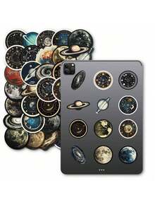 SHEIN 50张太空宇宙卡通涂鸦贴纸，包含星空、行星、宇航员空间站、月球火箭等图案，防水，适用于行李箱、笔记本电脑等，圣诞装饰 - 彩色 - 查看 6