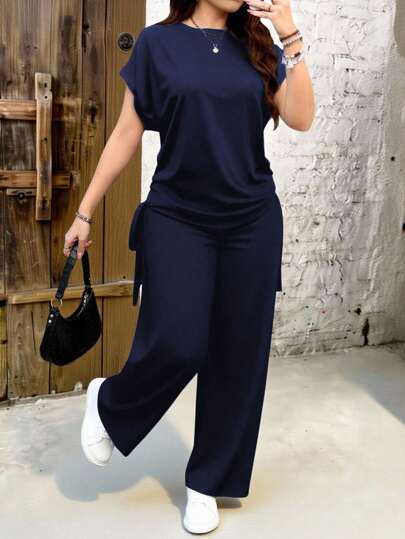 EMERY ROSE 2pcs Navy Blue Solid Color Plus Size Women Casual Set, Suitable For Summer