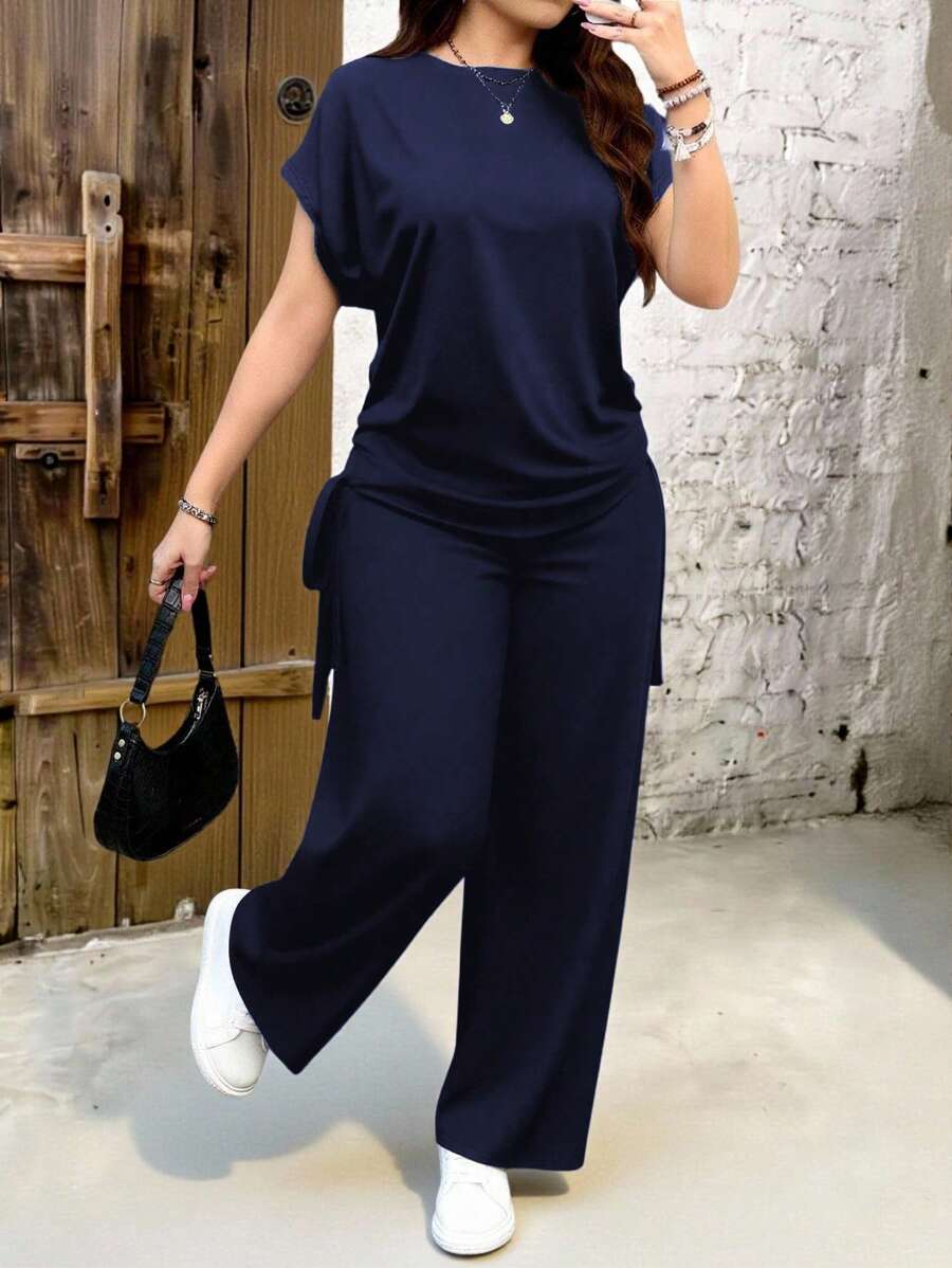 EMERY ROSE 2pcs Navy Blue Solid Color Plus Size Women Casual Set, Suitable For Summer - Navy Blue - View 1