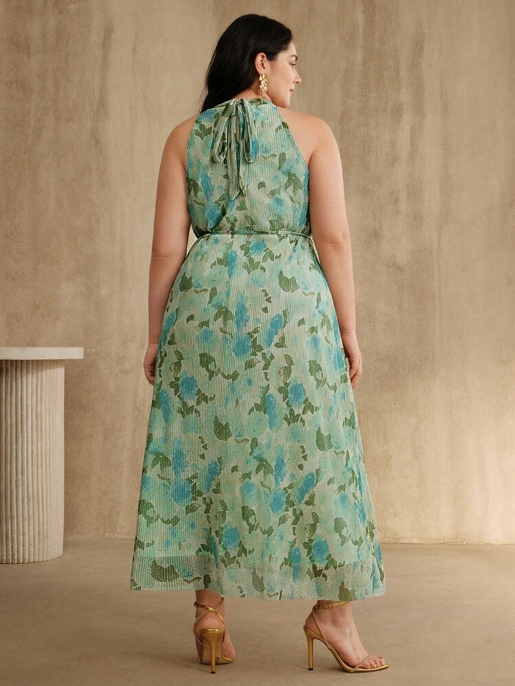 Elegant Fashion Elegant Vacation Halter Sleeveless Waist Tie Plus Size Women Long Dress